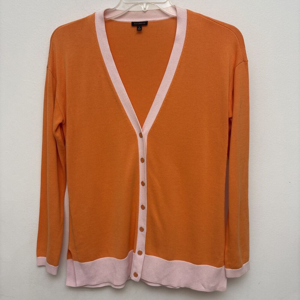 Talbots Open Cardigan Sweater, Orange and Beige, Long Sleeve, Womens Small